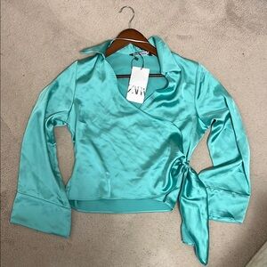 Zara Blue Wrap-Style Bell Sleeve Blouse